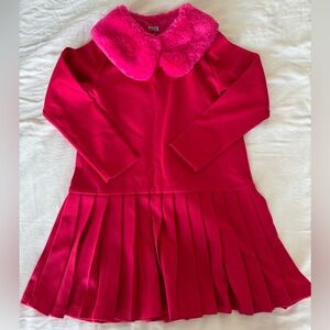 Jacadi Long Sleeve Pleated Dress with Faux Fur Collar